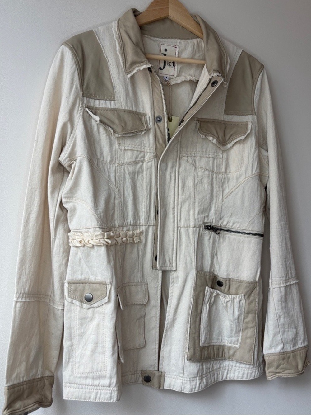 JKT NYC Cream Tan Leather Trim Utility Jacket - Picture 3 of 4